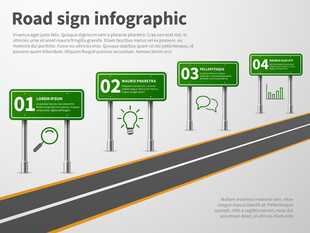 Road sign infographic. Banner traffic street route path, blank direction highways asphalt trip map gps car curved way vector conceptのイラスト素材