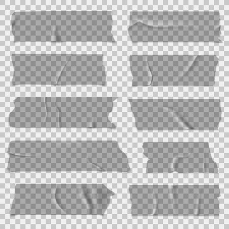 Scotch tape. Transparent adhesive tapes, grey sticky pieces. Isolated vector setのイラスト素材