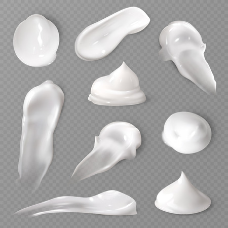 Realistic cosmetic cream smears. White creamy drop skincare cream product lotion thick fresh smooth smear isolated vector textureのイラスト素材