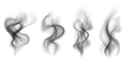 Black smoke. Transparent smoking clouds hot food steam cigarette tea coffee smoke steaming texture isolated on white vector setのイラスト素材