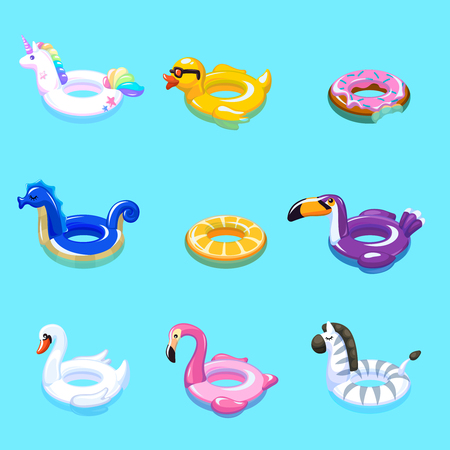 Swimming toys. Swim summer water pool inflatable toy animal float beach sea rings floating rescue belt marine cartoon vector setのイラスト素材