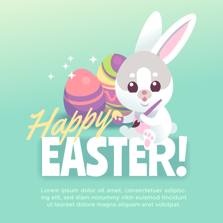 Happy easter bunny poster. Cute white rabbit with easter egg cartoon bunnies celebration greeting cardのイラスト素材