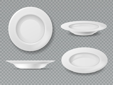 Food white plate. Empty plate top view dish bowl side view kitchen meal breakfast ceramic cooking porcelain isolated setのイラスト素材