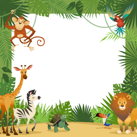 Jungle animals card. Frame animal tropical leaves greeting baby banner zoo border template party children, cartoon vector illustrationのイラスト素材