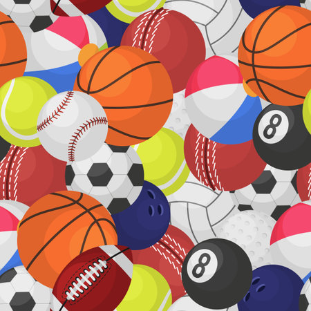 Sport ball seamless pattern. Sporting equipment balls texture game baseball football basketball tennis rugby cartoonのイラスト素材