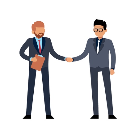 Businessmen handshake flat. Two young standing people meeting on conference or contract deal vector illustrationのイラスト素材