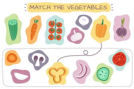 Matching vegetables game. Education kids games with cartoon vegetable attention matching pair quiz pastime vector illustrationのイラスト素材