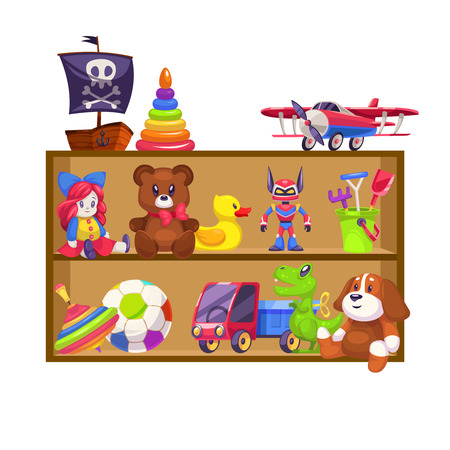 Kids toys shelves. Toy kid shop wood shelf doll bear baby game plane colorful pyramid piano rattle car rabbit duck flat vector illustrationのイラスト素材