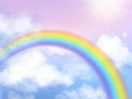 Rainbow sky. Fantasy heaven landscape rainbow in white clouds iridescent girly unicorn backgroundのイラスト素材