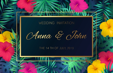 Wedding event invitation card. Poster marriage exotic tropical flowers jungle leaves palm frame decoration invite banner dateのイラスト素材
