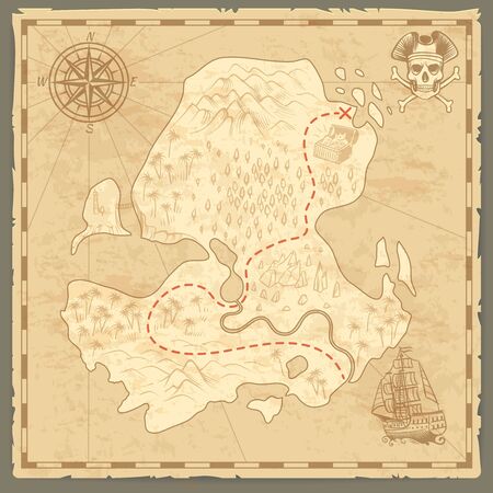 Treasure island map. Retro wallpaper vintage islands map nautical travel background with compass ship adventure pirate conceptのイラスト素材