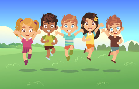 Happy jumping kids. Children holiday cartoon panorama childrens summer meadow park teenagers jump dancing together vector backgroundのイラスト素材