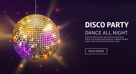 Disco banner. Mirrorball party disco ball invitation card celebration fashion partying poster template dance club vector illustrationのイラスト素材