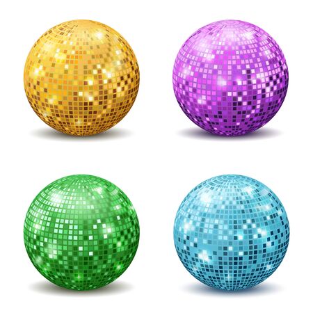 Color disco balls. Realistic reflection ball mirrored disco party silver glitter equipment retro halo rays shining mirrorball isolated vector setのイラスト素材