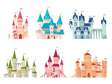 Castles set. Medieval castle towers fairytale mansion fortress fortified palace gate ancient gothic citadel cartoon vector collectionのイラスト素材