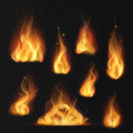 Realistic flame. Fireball warm fire effect abstract torch red flames flaming isolated vector collectionのイラスト素材