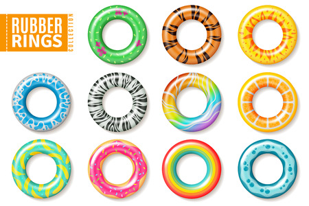 Rubber rings. Swimming inflatable float pool kids buoy toys colorful lifesaver ring children beach summer sea realistic collectionのイラスト素材