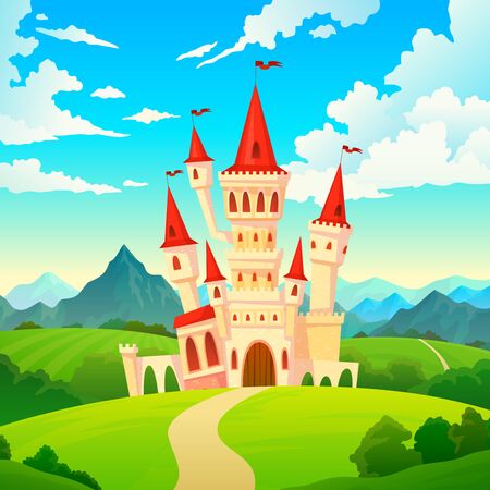 Castle landscape. Palace fairytale kingdom magical towers medieval mansion castles hill forest green mountain fantasy cartoon vector creativeのイラスト素材