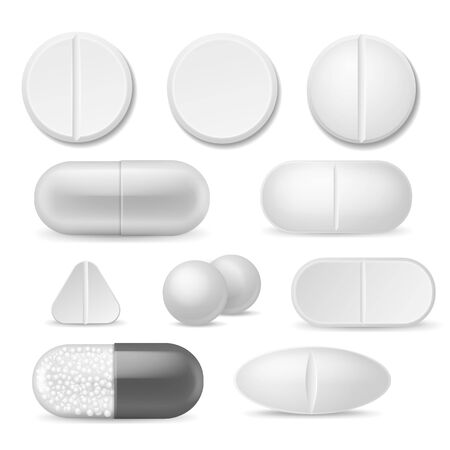 Realistic pills. White medicine tablets. Antibiotic aspirin painkiller drugs, therapy pharmacy healthcare addiction vector capsule icon setのイラスト素材