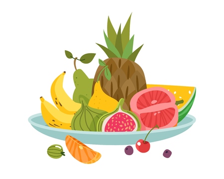 Fruits plate. Dinner bowl dish fruit lunch delicious diet health fresh appetizer, cartoon vector isolated kitchen illustrationのイラスト素材