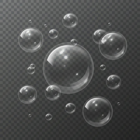 Soap bubbles. Aqua clear spheres blowing air foam bubble shampoo soap transparent bubbling shiny bubbly 3d isolated vector textureのイラスト素材