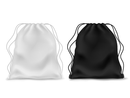 Realistic knapsack. Black white blank backpack. Sports bag, school textile rucksack, pack pouch 3d accessory with ropes and drawstring. Vector mockupのイラスト素材