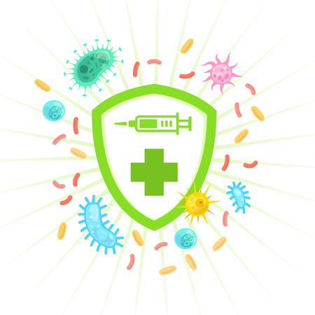Vaccinating concept. Medical immunology immune system protection shield defense virus bacteria, immunologic health care immunity vector posterのイラスト素材