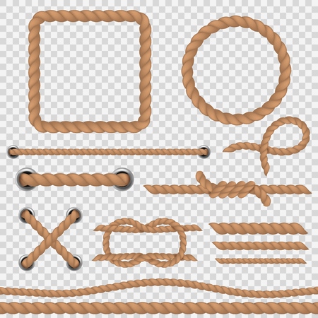 Brown rope. Realistic ropes marine cord, nautical curved round twine hemp link jute border vintage curve frame. Vector setのイラスト素材