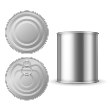 Metal tin can. Canned foods mockup, aluminium steel package closed with ring pull, realistic silver blank vector isolated packaging templateのイラスト素材
