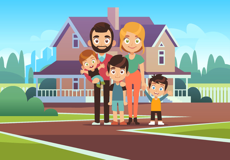 Family house. Happy young parents father mother son daughter kids outdoors front home building lifestyle. happiness purchase cartoon vector backgroundのイラスト素材