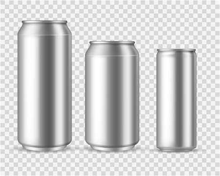 Realistic aluminum cans. Blank metallic can drink beer soda water juice packaging 300 330 500 empty mock up aluminium container vector templateのイラスト素材