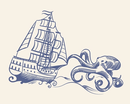 Octopus monster. Sketch sailboat vintage medieval pirate ship run away from kraken and waves nautical travel floating vessel ancient conceptのイラスト素材