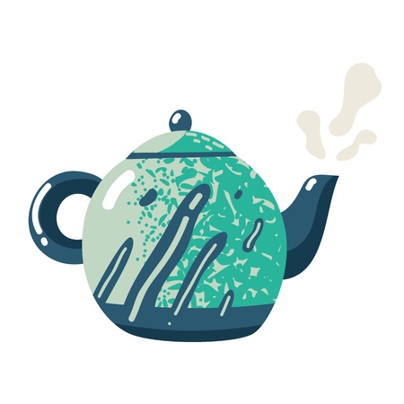 Flat teapot. Kettle ceramic crockery sign fresh pour kitchen lifestyle drink symbol with tea for home rustic kitchenware isolated iconのイラスト素材