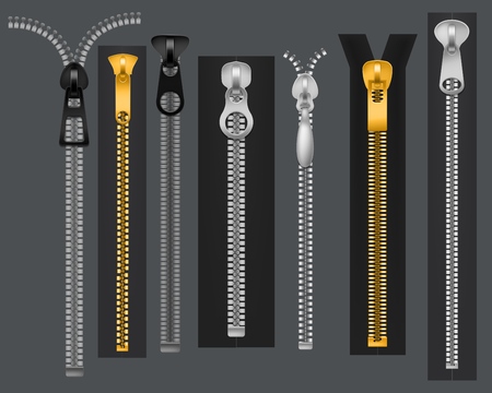 Zippers. Metal fastener zipper, fabric accessories connection. Fashion clothes zip 3d realistic vector setのイラスト素材