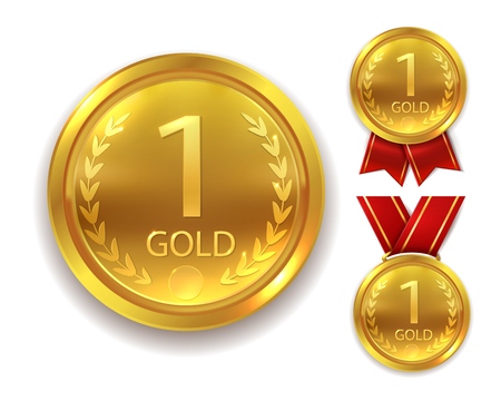 Realistic award medal. Winner gold round medal for first place trophy champion honor best shiny circle ceremony prize with ribbon setのイラスト素材