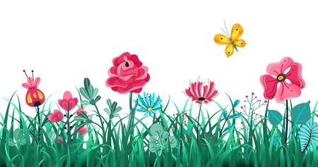 Floral grass border. Green flowers spring blooming field, summer meadow nature, panorama herbs macro element vector conceptのイラスト素材