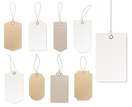 Realistic price tag. Cardboard label, paper sale tags mockup blank labels template shopping gift empty stickers with ropes tags vector setのイラスト素材