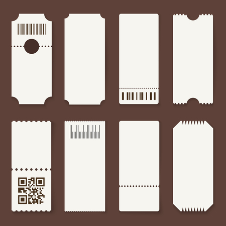 Blank tickets. Concert theater or airplane empty paper tickets, movie admit one coupons with bar code. Lottery isolated 3d mockupsのイラスト素材