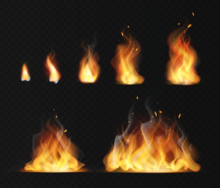 Realistic flame. Hot fireball warm furnace fire blazing effect abstract torch red flames flaming isolated fireplace collectionのイラスト素材