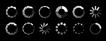 Round loader. Progressive internet buffering upload loading website interface sign isolated icon progress set on black backgroundのイラスト素材