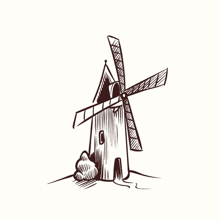 Mill sketch. village old rural windmill on agriculture ecology field of Netherlands farm doodle hand drawing building illustrationのイラスト素材