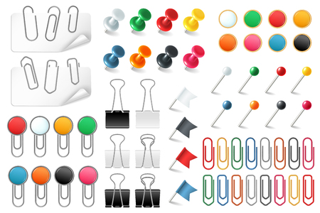 Pins paper clips. Push pins fasteners staple tack pin colored paper clip office organized announcement, stationery realistic vector setのイラスト素材