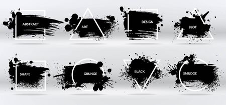 Ink blots. Abstract shapes, frames with black brushstroke grunge texture. Isolated border on inkblot vector setのイラスト素材