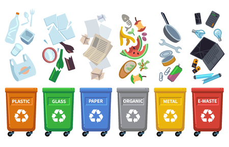 Recycle waste bins. Different trash types color containers sorting wastes organic trash paper can glass plastic bottle for recycling vector conceptのイラスト素材