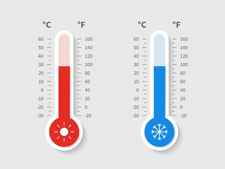 Cold warm thermometer. Temperature weather thermometers meteorology celsius fahrenheit scale, temp control thermostat device flat vector iconのイラスト素材