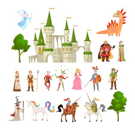 Fairytale characters. Fantasy medieval magic dragon, unicorn, princes and king, royal castle and knight, vector magic story setのイラスト素材