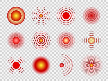 Pain circles. Red painful target spot, muscle and joint pain local spots. Headaches, belly hurt or sound waves health painfully medicine healing icons vector setのイラスト素材