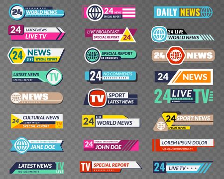 Tv banners. Broadcasting graphic interface, tv streaming lower bar title. News television channel screen header vector isolated video abstract broadcast hd show setのイラスト素材