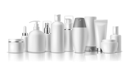 Realistic cosmetic mockups. Skin care cosmetics bottles, container and jar. Spa beauty product. Spray, lotion and cream vector isolated luxury packageのイラスト素材