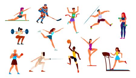Athletes set. Gymnast and runner, boxer and figure skater, basketball player and hockey player. Fitness, cartoon vector gymnastics playing boxing performance sportsmanのイラスト素材